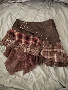 Vintage Short Bohemian Y2K Brown Skirt with Belt and Plaid Layered Lace